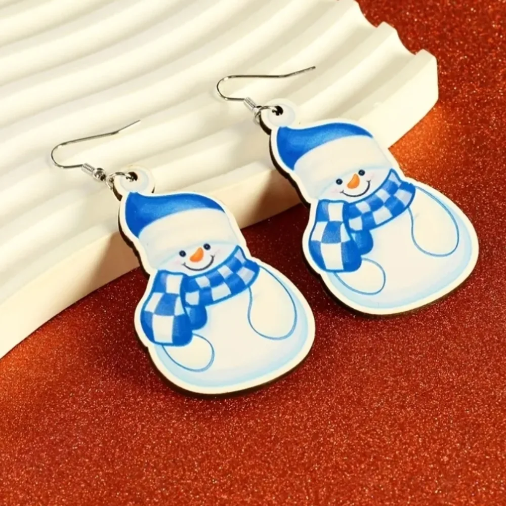Wood Dangle Drop‎ Christmas Winter Frosty the Snowman Earrings with Blue Accents